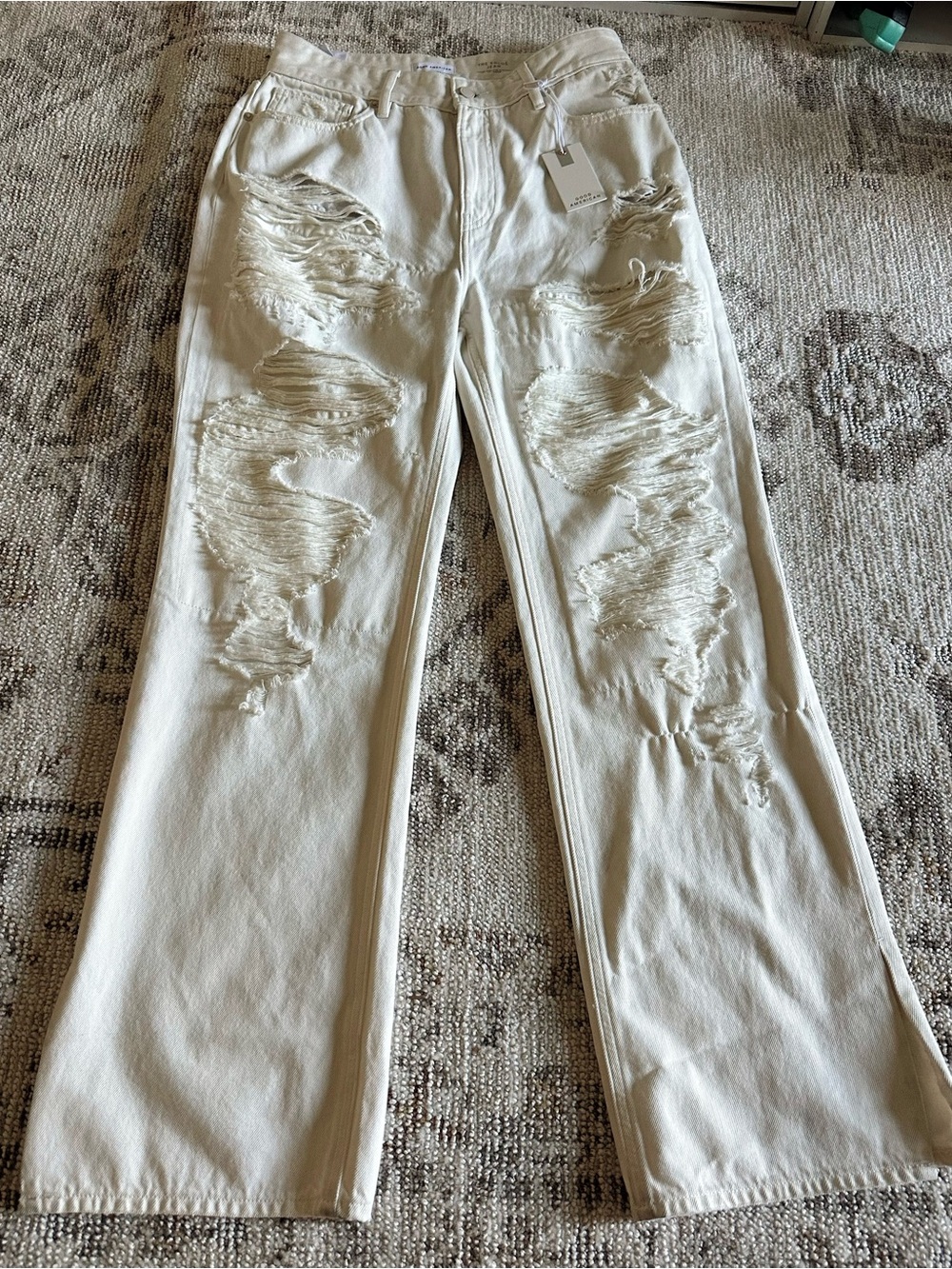 Good American Distressed Cream Wide-Leg Jeans